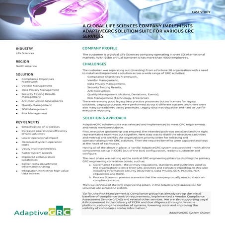 GLOBAL LIFE SCIENCES COMPANY USES  ADAPTIVEGRC SUITE  TO MANAGE RISK & COMPLI...
