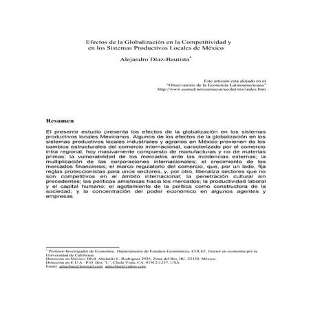 Efectos de la Globalización en la Competitividad y en los Sistemas Productivos Locales de México