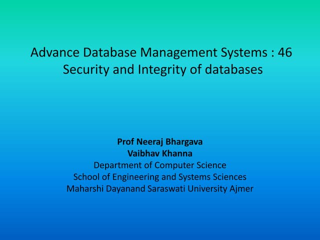Adbms 46 security and integrity of databases
