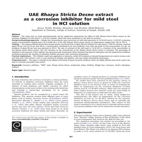 UAE Rhazya Stricta Decne extract as a corrosion inhibitor for mild steel in H...