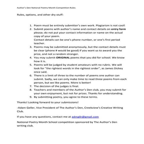 Author's Den Creative Writing Club Poetry Contest April 2012 Rules