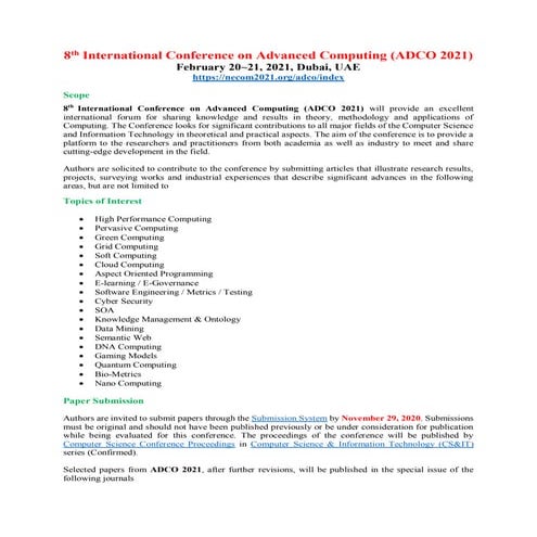The 13th International Conference on Advanced Computing (ADCO 2026) | PDF