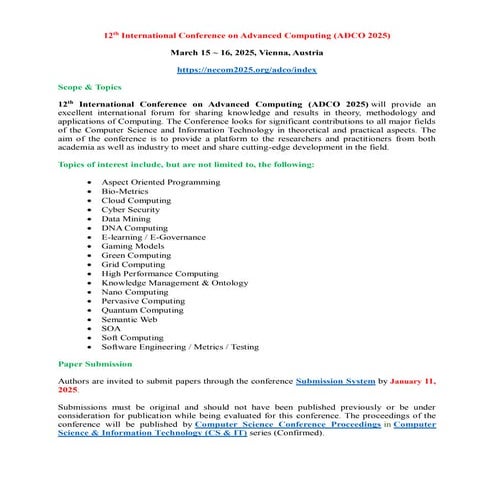 13th International Conference on Advanced Computing (ADCO 2026) | DOCX