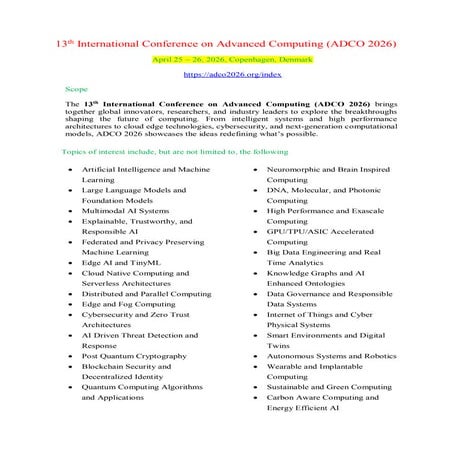 13th International Conference on Advanced Computing (ADCO 2026) | PDF