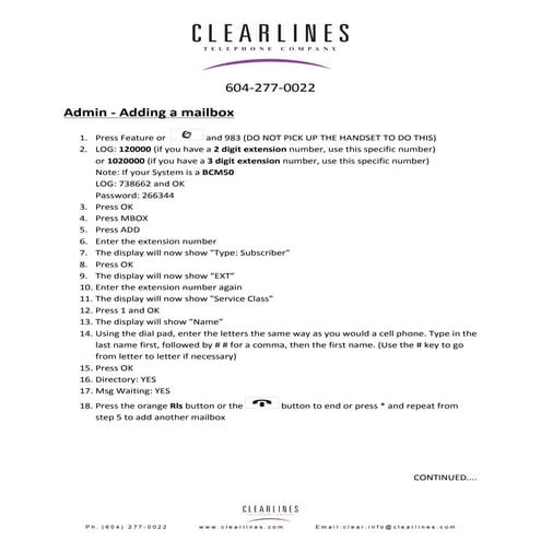 Call Pilot - Add delete change mailbox