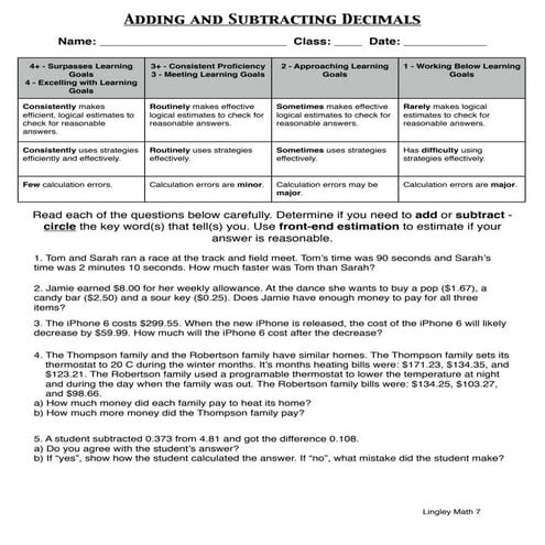 Adding and subtracting decimals word problems
