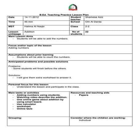 Addition lesson plan 