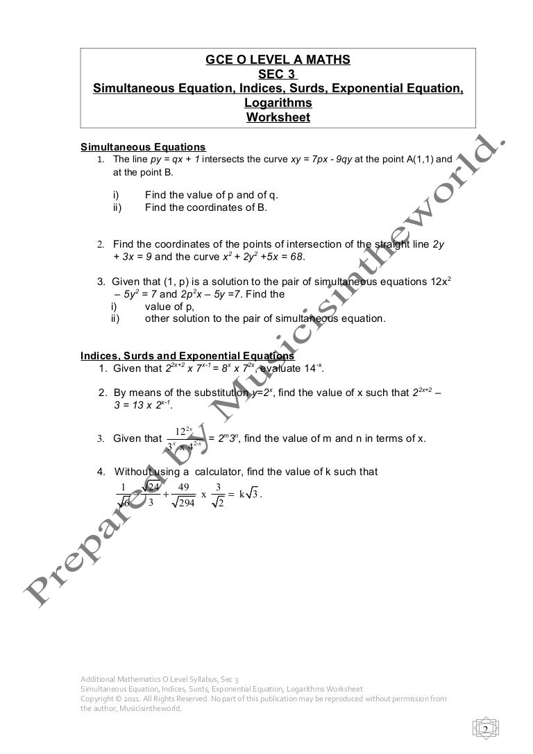 worksheet Logarithms Worksheet o level a maths sec 3 syallbus 2011 simultaneous equation indices