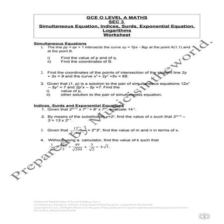 O Level A Maths Sec 3 Syallbus 2011 Simultaneous Equation, Indices, Surds, Ex...
