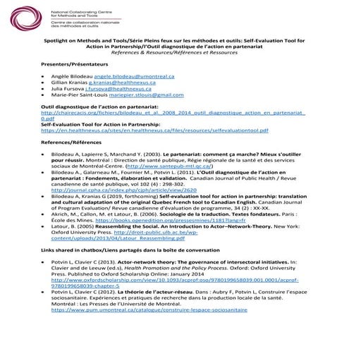 Self-Evaluation Tool for Action in Partnership/l’Outil diagnostique de l’action en partenariat: References & Resources/Références et Ressources
