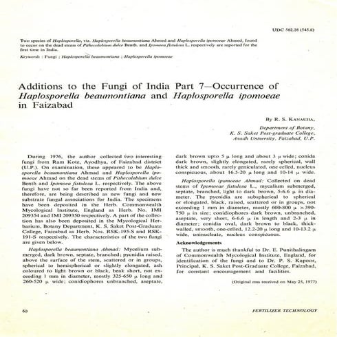 Addition to the Fungi of India part 7- Occurrence of Haplosporella beaumontia...