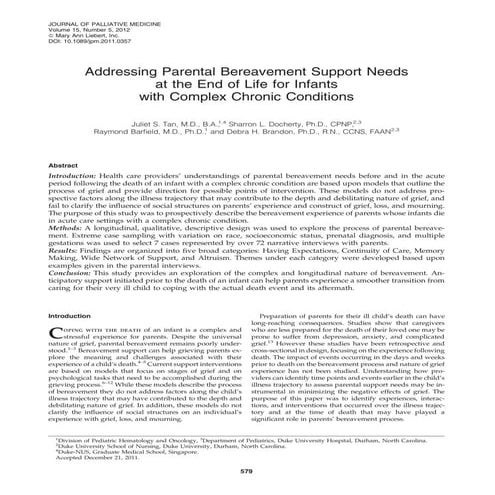 Addressing parental bereavement support needs at the end of life for infants ...