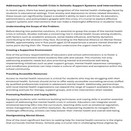 Addressing the Mental Health Crisis in Schools Support Systems and Interventi...
