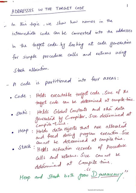 Address in the target code in Compiler Construction