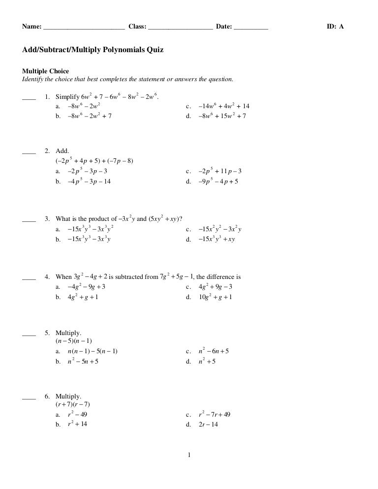 Multiplying Polynomials Worksheet 1 Answers