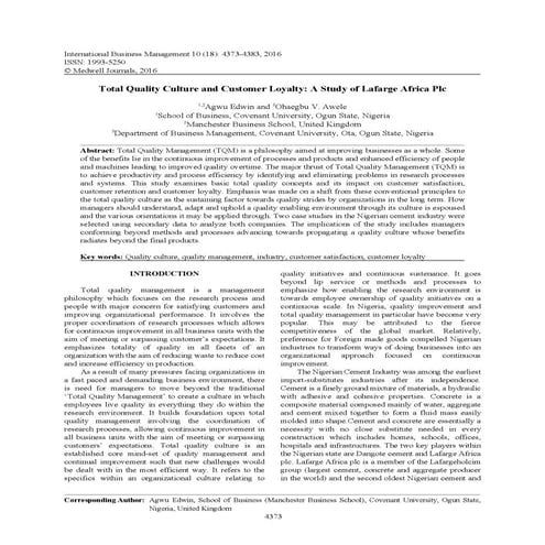 Total Quality Culture and Customer Loyalty - A study of Lafarege Africa Plc