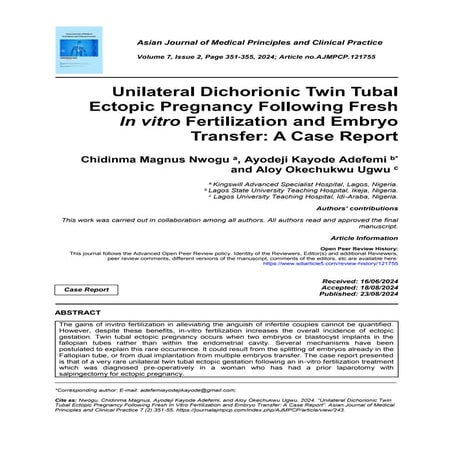 Unilateral Dichorionic Twin Tubal  Ectopic Pregnancy Following Fresh  In vitro Fertilization and Embryo  Transfer: A Case Report