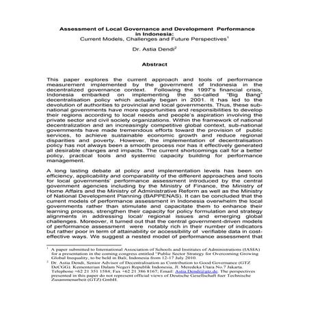 Assessment of Local Governance and Development  Performance in Indonesia
