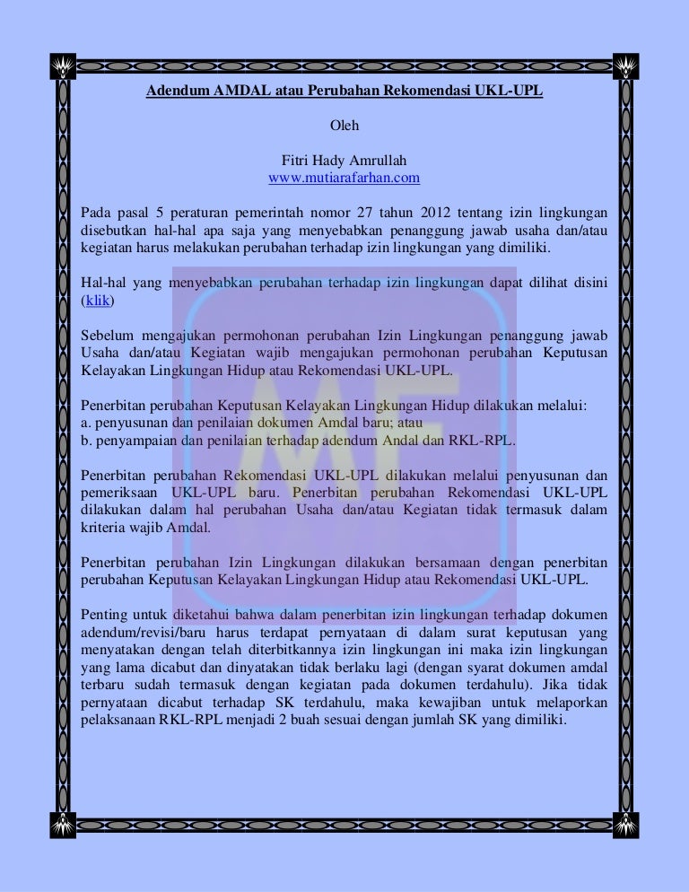 Adendum Amdal Atau Perubahan Rekomendasi Ukl