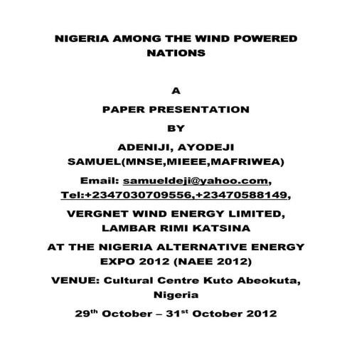 NIGERIA AMONG THE WIND POWERED NATIONS