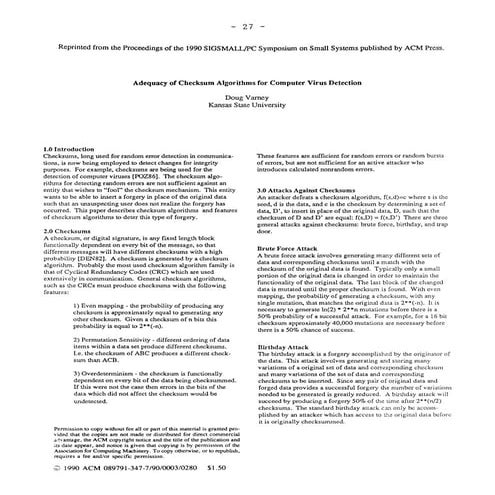 Adequacy of checksum algorithms for computer virus detection