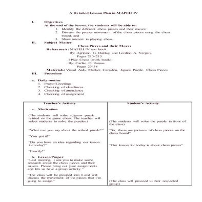 A detailed lesson plan in Chess