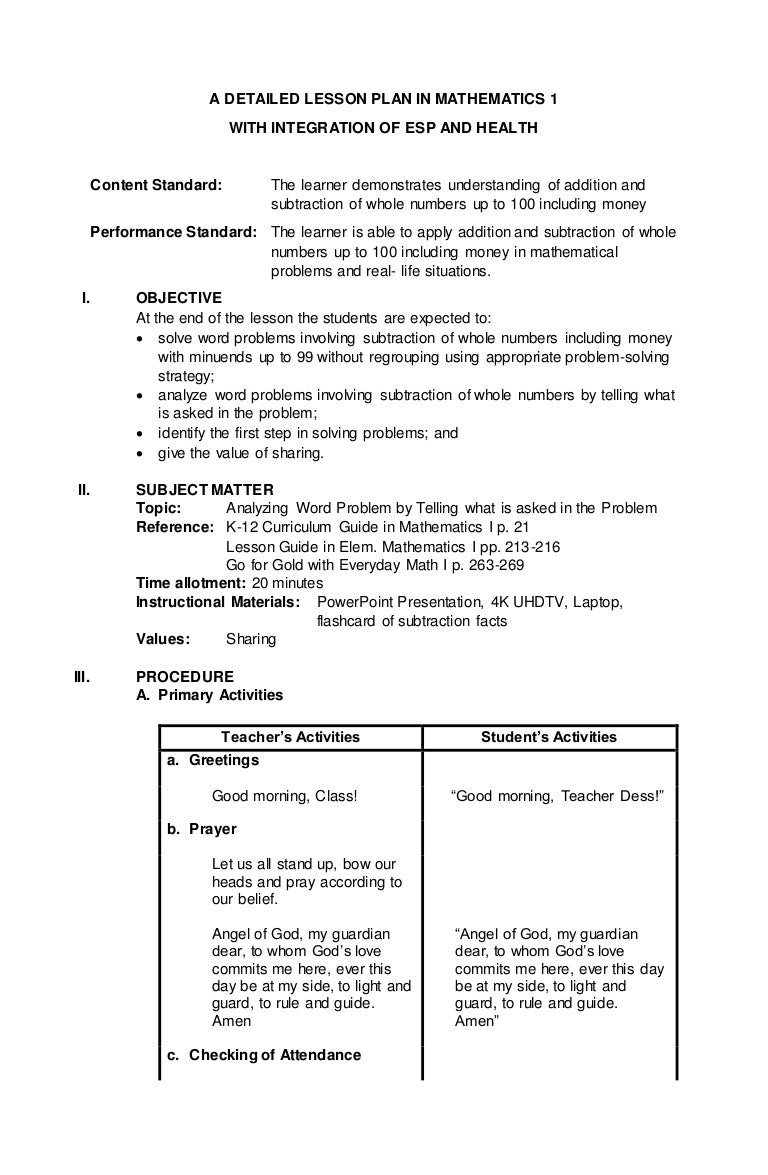 A Detailed Lesson Plan In Mathematics 1 A Detailed Lesson Plan In Mathematics 1