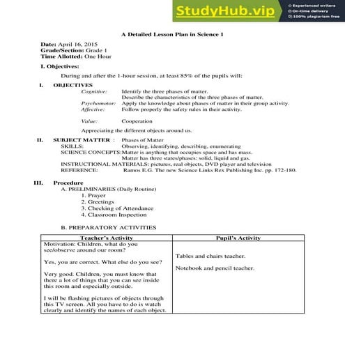 A Detailed Lesson Plan In Science 1 | PDF