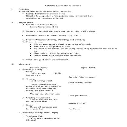 A detailed lesson plan in science iii (composition of soil)