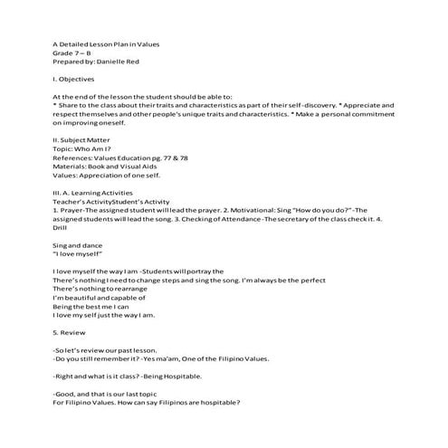 A detailed lesson plan in values | DOCX | Education