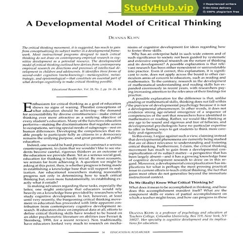 A Developmental Model Of Critical Thinking | PDF