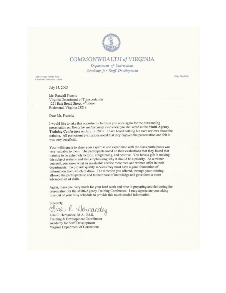 Letter of Appreciation from Virginia Department of Corrections