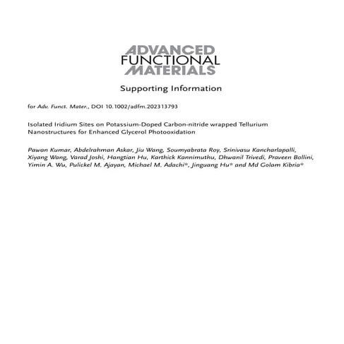 Isolated Iridium Sites on Potassium-Doped Carbon-nitride wrapped Tellurium Na...