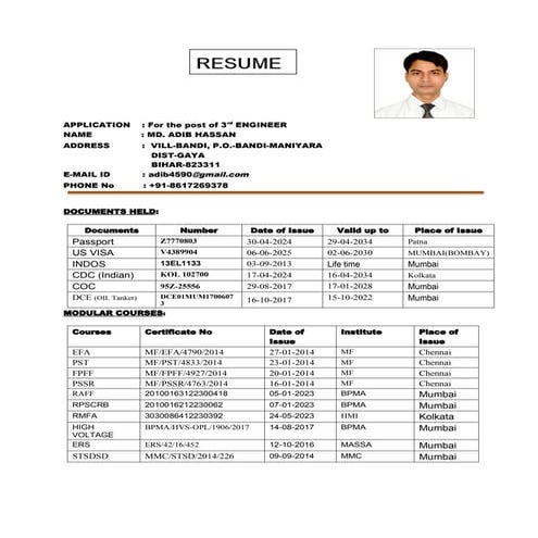 Adib's Resume For the post of 3rd ENGINEER | DOCX