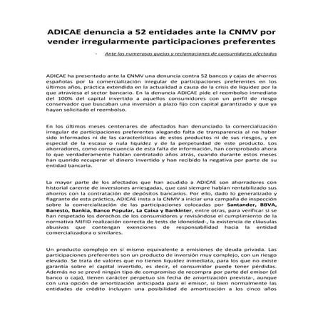 Adicae denuncia a 52 entidades ante la cnmv