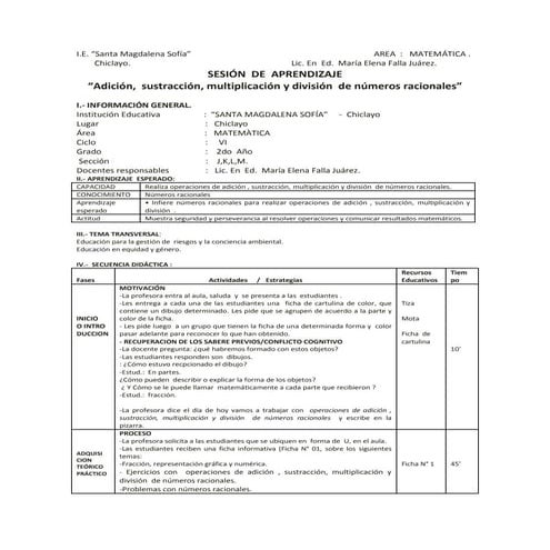 Sesión de aprendizaje de Adición y  sustraccion  de números racionales I.E. S...