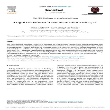A Digital Twin Reference for Mass Personalization