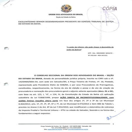 Adin da OAB-BA contra aumento do IPTU em Salvador