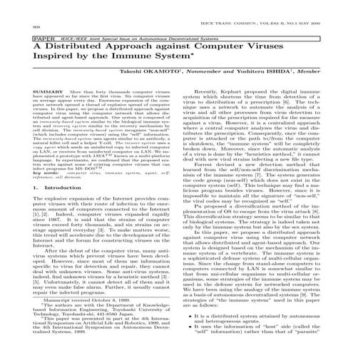 A distributed approach against computer viruses inspired by the immune system