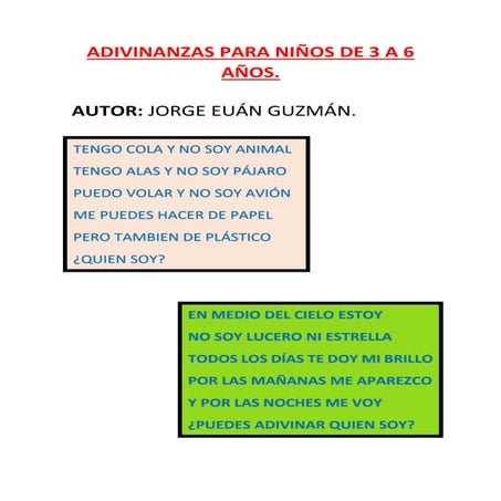 Adivinanzas para niños de 3 a 6 años | PDF