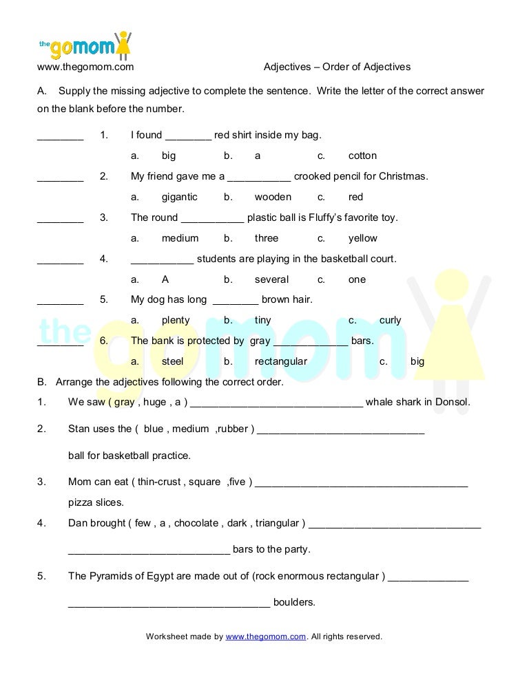 order of adjectives worksheets for grade 4 with answers
