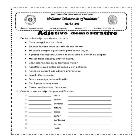 Adjetivos Demostrativos: Español Ele Hojas De Trabajo Pdf – VJIPHE