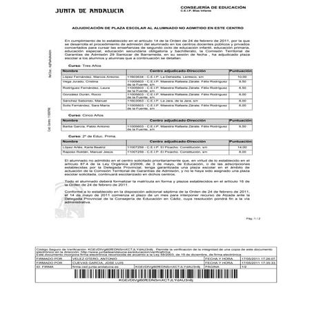 Adjudicación plaza escolar alumnado no admitido en este centro para curso 2011 12