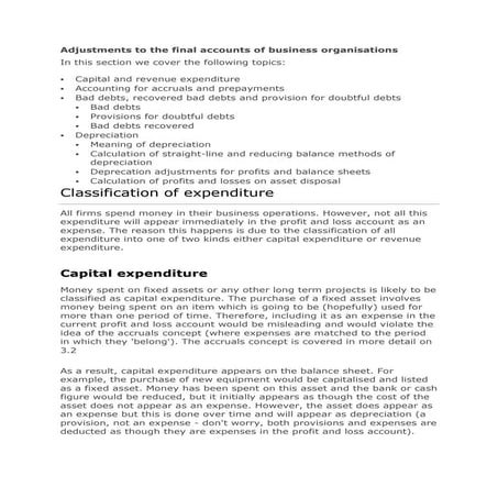 Adjustments to the final accounts of business organisations 12
