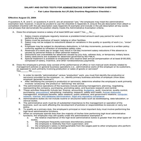 FLSA Administrative Exemption (Job Description Checklist)