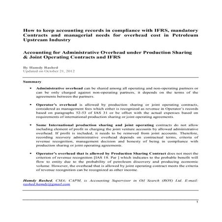 Administrative overhead in petroleum industry under psa, joa & ifrs