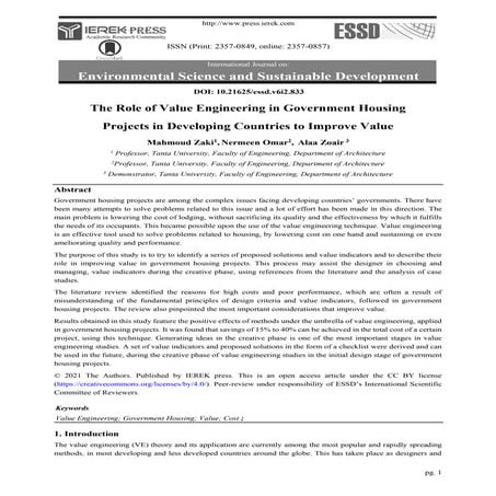 The Role of Value Engineering in Government HousingProjects in Developing Cou...