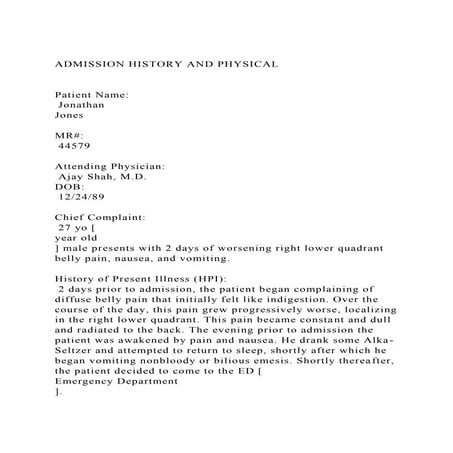 ADMISSION HISTORY AND PHYSICALPatient Name Jonathan Jones.docx