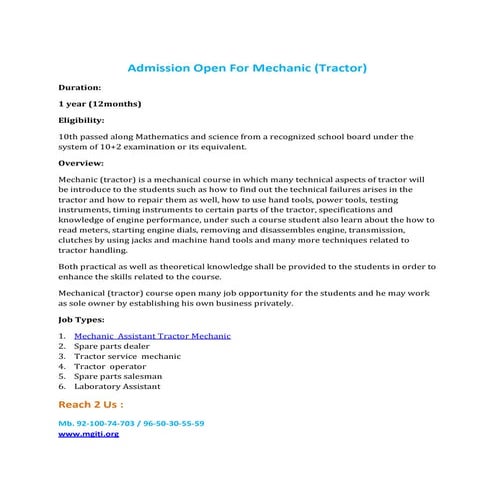 Admission open for mechanic(tractor) | PDF