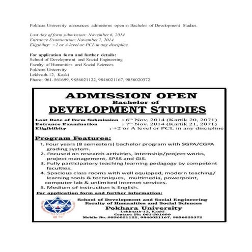 Admissions open for BDS at Pokhara University.